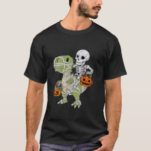 Skeleton Riding Mummy Dinosaur T Rex Halloween Fun T-Shirt