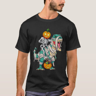 Skeleton Riding Mummy Dinosaur T Rex Halloween Fun T-Shirt