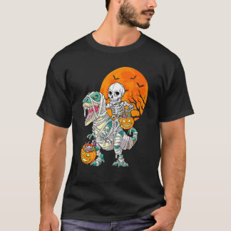 Skeleton Riding Mummy Dinosaur T Rex Halloween Fun T-Shirt