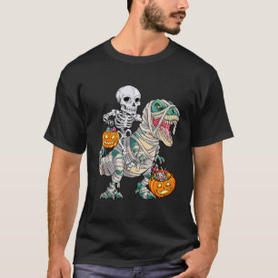 Skeleton Riding Mummy Dinosaur T Rex Halloween Fun T-Shirt