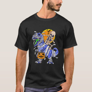 Skeleton Riding Mummy Dinosaur T rex Halloween Fun T-Shirt