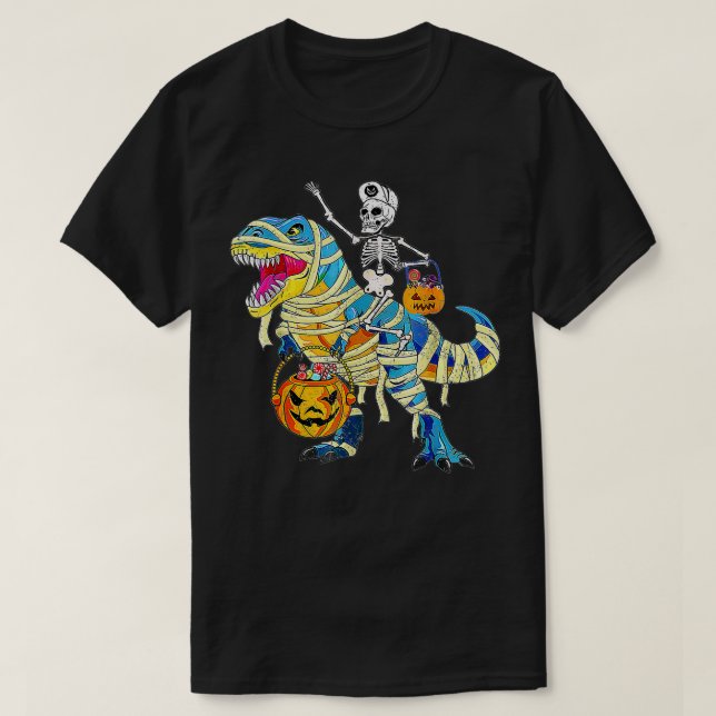 Skeleton Riding Mummy Dinosaur T rex Halloween Fun T-Shirt (Design Front)