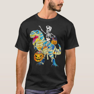 Skeleton Riding Mummy Dinosaur T rex Halloween Fun T-Shirt
