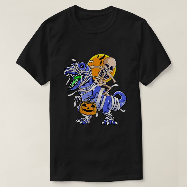 Skeleton Riding Mummy Dinosaur T rex Halloween Fun T-Shirt (Design Front)