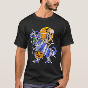Skeleton Riding Mummy Dinosaur T rex Halloween Fun T-Shirt