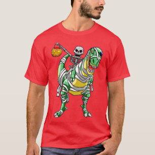 Skeleton Riding Mummy Dinosaur T rex Halloween Fun T-Shirt