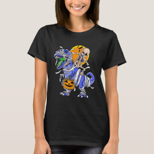 Skeleton Riding Mummy Dinosaur T rex Halloween Fun T-Shirt
