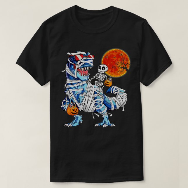 Skeleton Riding Mummy Dinosaur T rex Halloween Fun T-Shirt (Design Front)