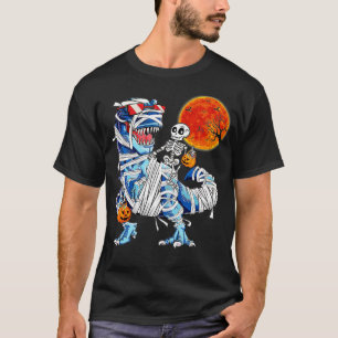 Skeleton Riding Mummy Dinosaur T rex Halloween Fun T-Shirt