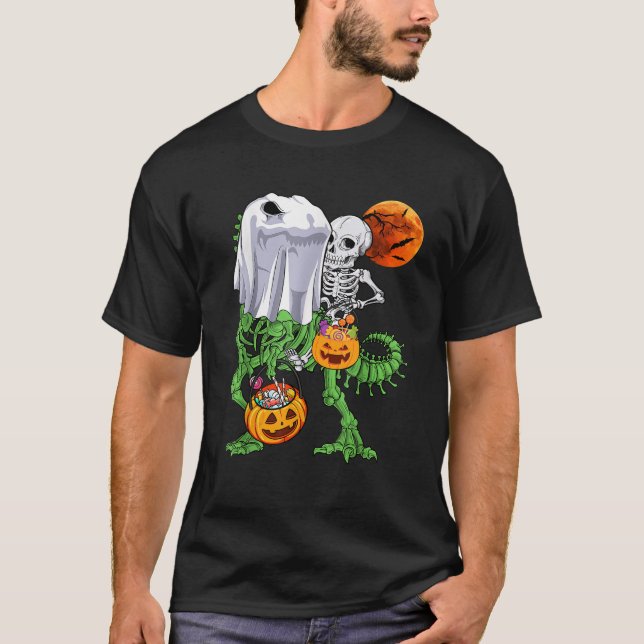 Skeleton Riding Mummy Dinosaur T rex Halloween Fun T-Shirt (Front)