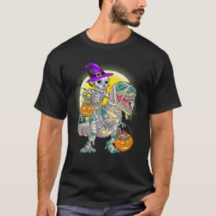 Skeleton Riding Mummy Dinosaur T Rex Halloween Fun T-Shirt