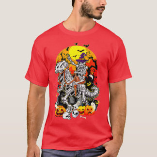 Skeleton Riding Mummy Dinosaur T Rex Halloween Fun T-Shirt