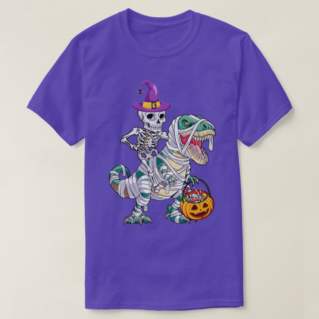 Skeleton Riding Mummy Dinosaur T rex Halloween Fun T-Shirt (Design Front)