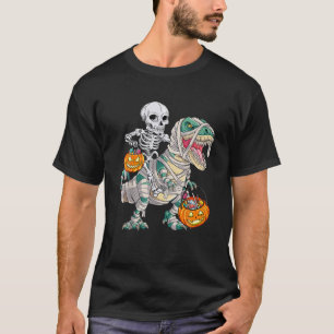 Skeleton Riding Mummy Dinosaur T Rex Halloween Fun T-Shirt