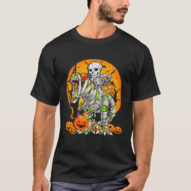Skeleton Riding Mummy Dinosaur T Rex Halloween Fun T-Shirt (Front)