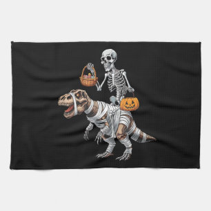 Skeleton Riding Mummy Dinosaur T rex Halloween Fun Tea Towel