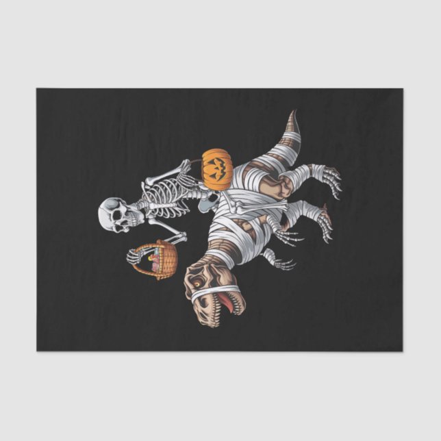 Skeleton Riding Mummy Dinosaur T rex Halloween Fun Tissue Paper (Front)