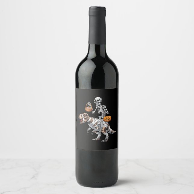 Skeleton Riding Mummy Dinosaur T rex Halloween Fun Wine Label (Front)