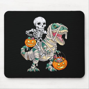 Skeleton Riding Mummy Dinosaur T Rex Halloween Mouse Pad