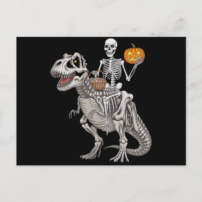 Skeleton Riding Mummy Dinosaur T rex Halloween  Postcard (Front)