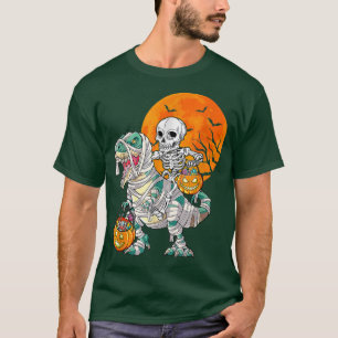 Skeleton Riding Mummy Dinosaur T Rex Halloween Pum T-Shirt