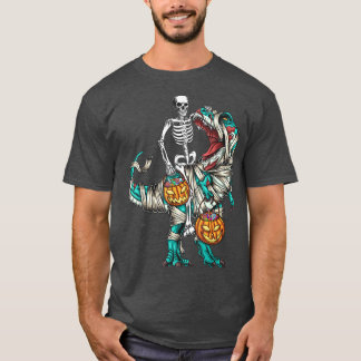 Skeleton Riding Mummy Dinosaur T rex Halloween Pum T-Shirt