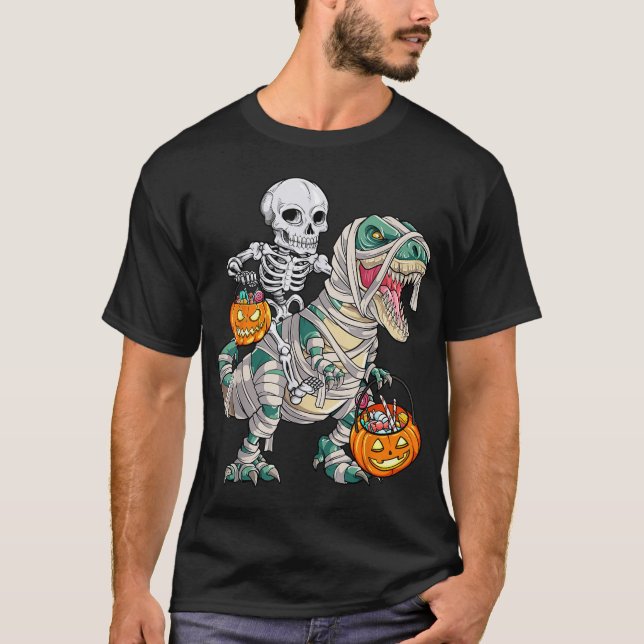  Skeleton Riding Mummy Dinosaur T Rex Halloween T-Shirt (Front)