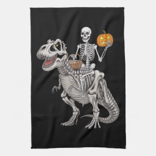 Skeleton Riding Mummy Dinosaur T rex Halloween  Tea Towel
