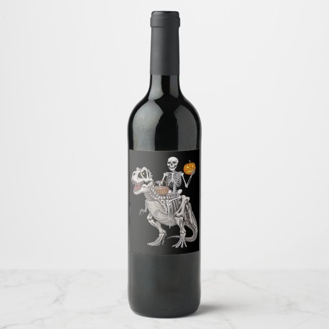 Skeleton Riding Mummy Dinosaur T rex Halloween  Wine Label (Front)