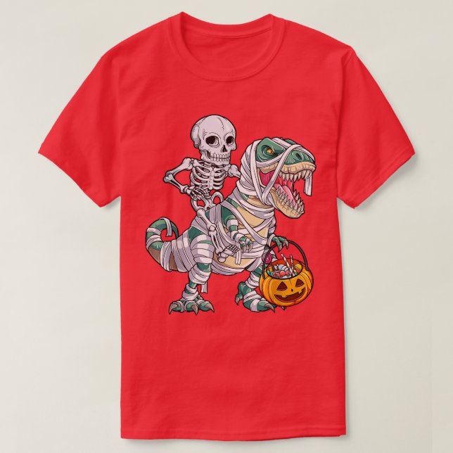 Skeleton Riding Mummy Dinosaur T Rex HalloweenBoys T-Shirt (Design Front)