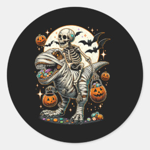 Skeleton Riding Mummy Dinosaur T Rex Kids Boys Men Classic Round Sticker