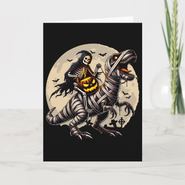 Skeleton Riding Mummy Dinosaur T Rex Pumpkin Funny Card (Front)