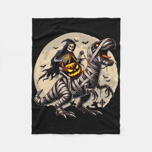Skeleton Riding Mummy Dinosaur T Rex Pumpkin Funny Fleece Blanket (Front)