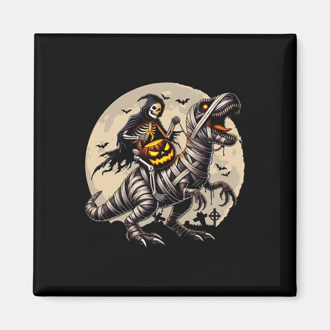 Skeleton Riding Mummy Dinosaur T Rex Pumpkin Funny Magnet (Front)