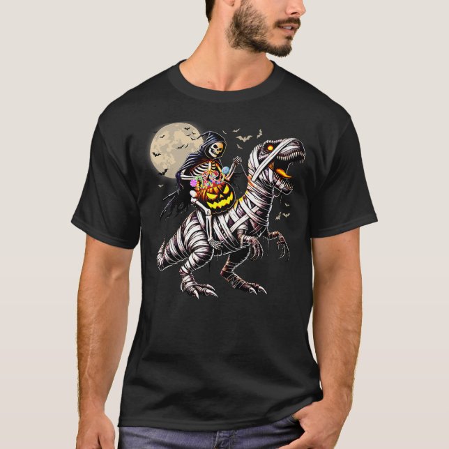 Skeleton Riding Mummy Dinosaur T Rex Pumpkin Funny T-Shirt (Front)