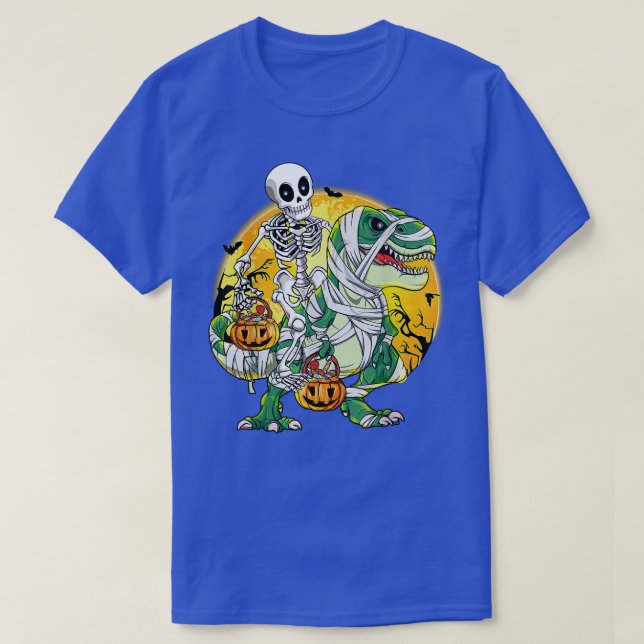 Skeleton Riding Mummy Dinosaur T Rex Pumpkin Funny T-Shirt (Design Front)