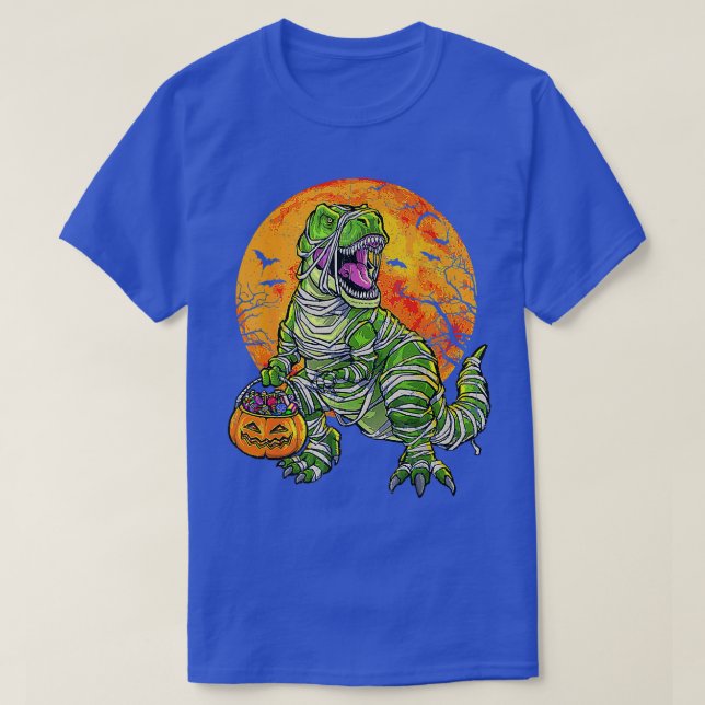 Skeleton Riding Mummy Dinosaur T Rex Pumpkin Funny T-Shirt (Design Front)
