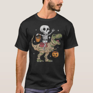 Skeleton Riding Mummy Dinosaur T Rex Pumpkin Happy T-Shirt