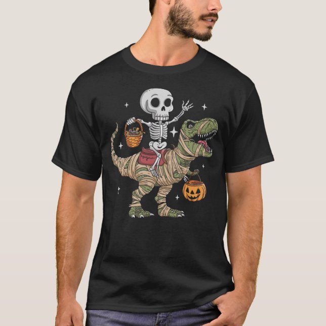 Skeleton Riding Mummy Dinosaur T Rex Pumpkin Happy T-Shirt (Front)