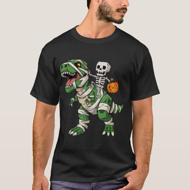 Skeleton Riding Mummy Dinosaur T Rex  T-Shirt (Front)