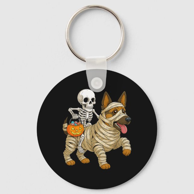 Skeleton Riding Mummy German Shepherd Dog Key Ring (Front)