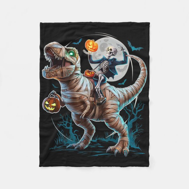 Skeleton Riding Mummy Pumpkin T Rex Dinosaur Funny Fleece Blanket (Front)