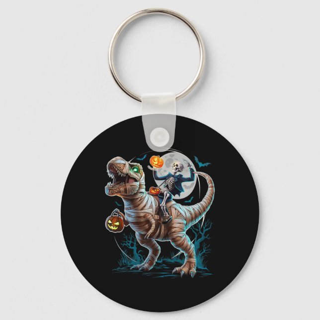 Skeleton Riding Mummy Pumpkin T Rex Dinosaur Funny Key Ring (Front)