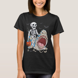 Skeleton Riding Mummy Shark Funny Halloween Pumpki T-Shirt
