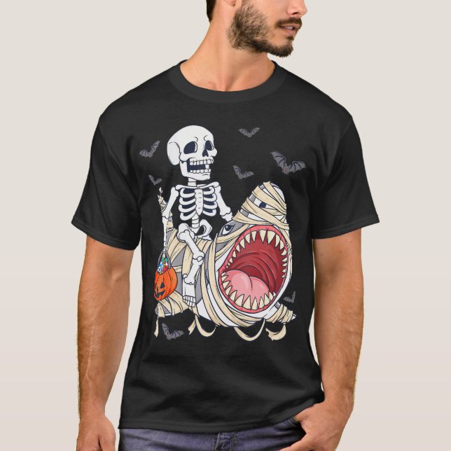 Skeleton Riding Mummy Shark Funny Halloween T-Shirt (Front)