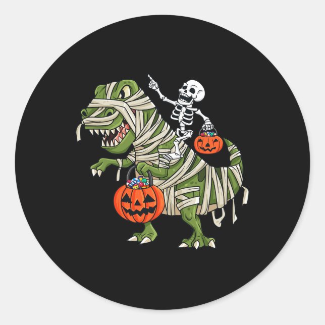 Skeleton Riding Mummy T Rex Halloween Boys Girls K Classic Round Sticker (Front)