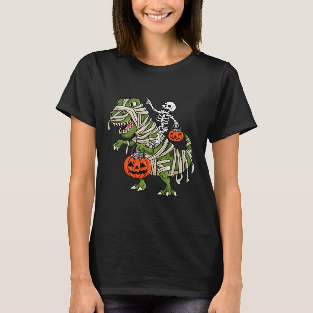 Skeleton Riding Mummy T Rex Halloween Boys Girls K T-Shirt (Front)