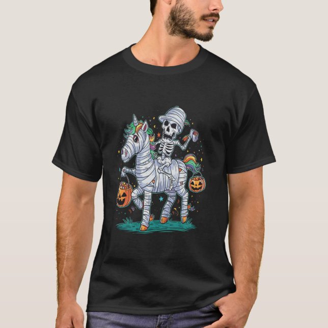 Skeleton Riding Mummy Unicorn Halloween Funny Pump T-Shirt (Front)