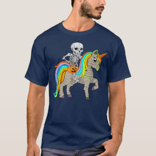 Skeleton Riding Mummy Unicorn Halloween Funny Pump T-Shirt