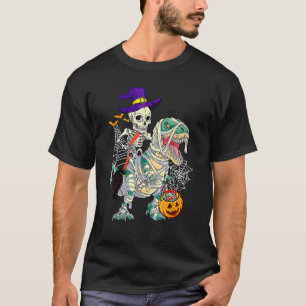 Skeleton Riding Rex Dinosaur Pumpkin Halloween Ki T-Shirt